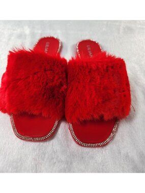 LILIANA Slip On Open Toe Slipper Red FURRY Sandals Size  9